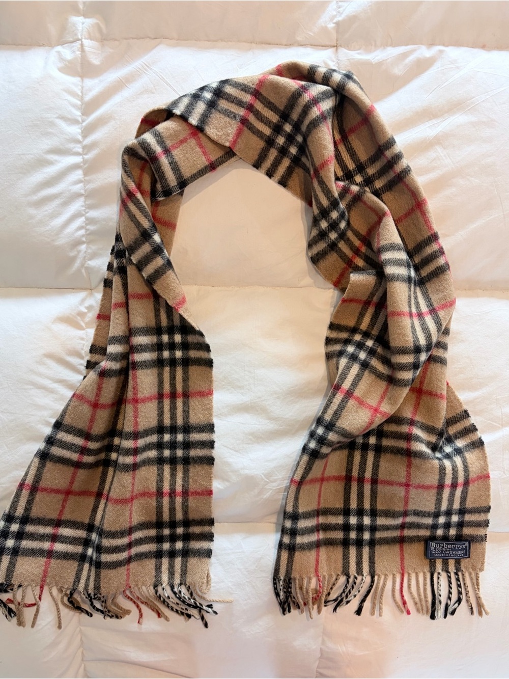 Burberry Nova Beige Plaid Cashmere Scarf with Black and Red Accents